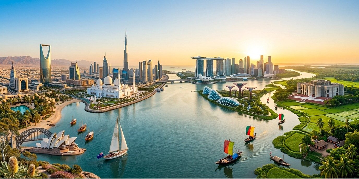 Skyline collage representing the regions ProfitMax serves — South Asia, the GCC and beyond